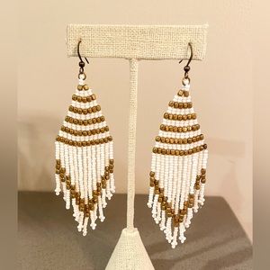 White and Gold Beaded Tassel Earrings